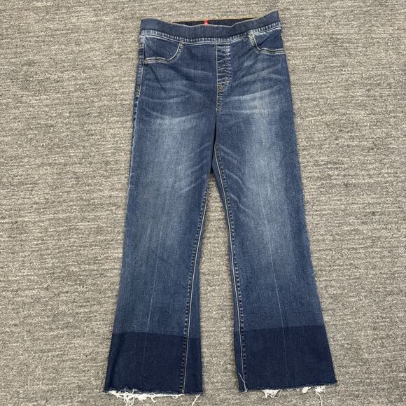 Spanx Jeans Womens Large Blue Pull On Stretch Crop Flare Leg Raw Hem High Rise - Picture 1 of 12